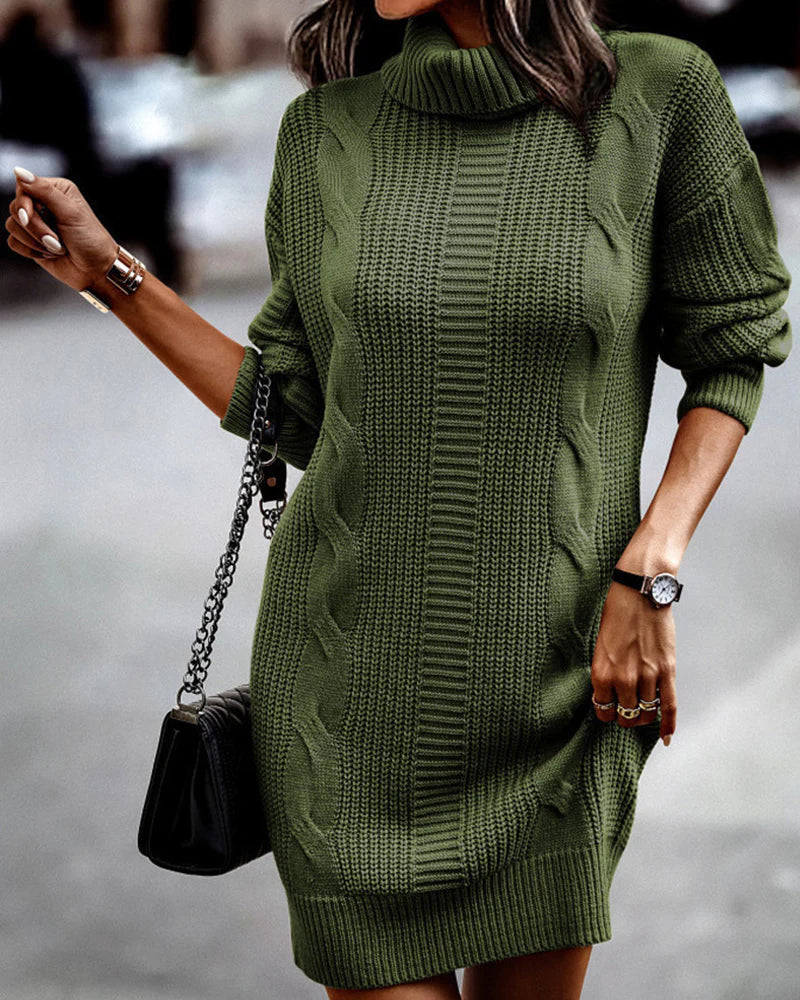 Cozy knitted dress with rolling collar - Stylish & warm for autumn and winter