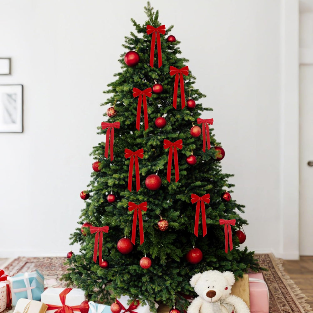 Christmas Decorations Indoor Velvet Burgundy Ribbon Bows Ornaments