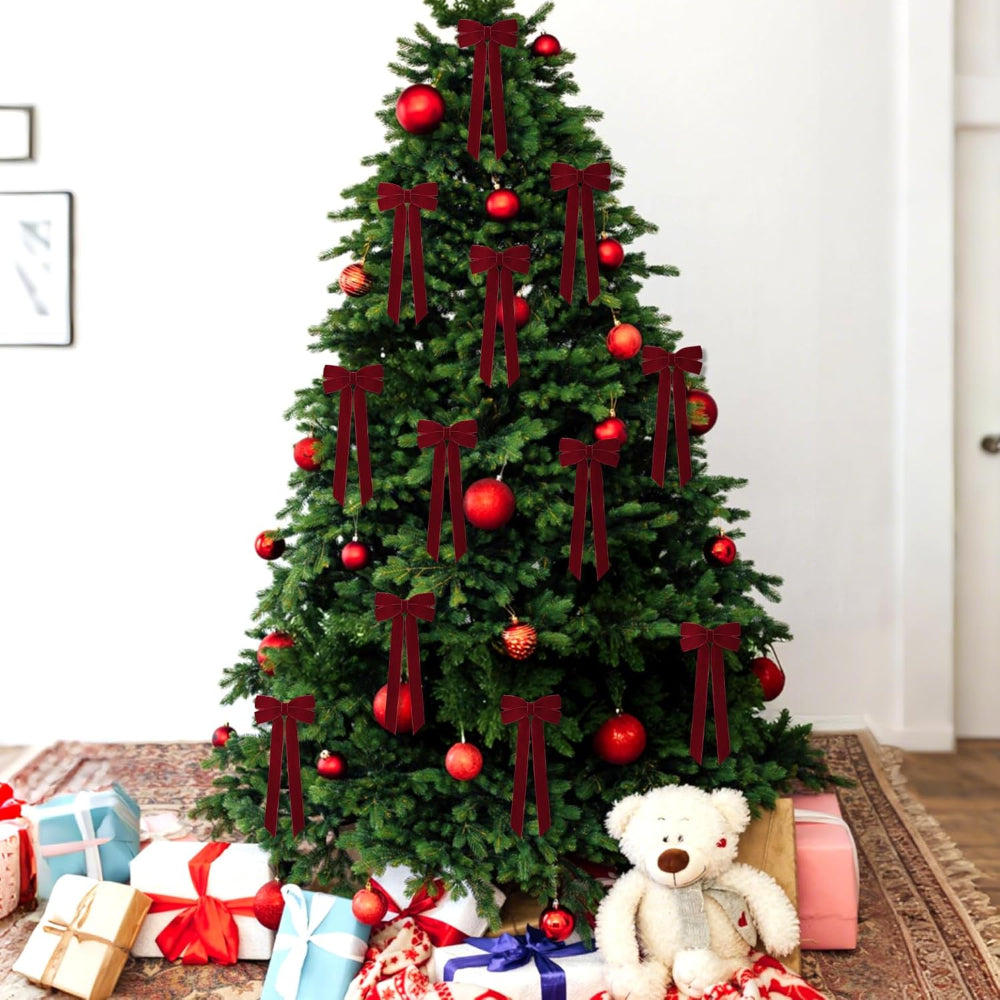 Christmas Decorations Indoor Velvet Burgundy Ribbon Bows Ornaments