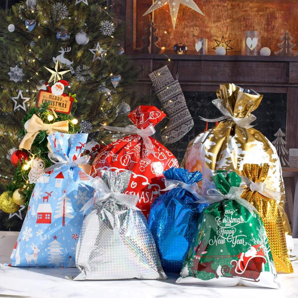 Christmas Gift Bag Set Reusable Foil Holiday Wrapping Bags