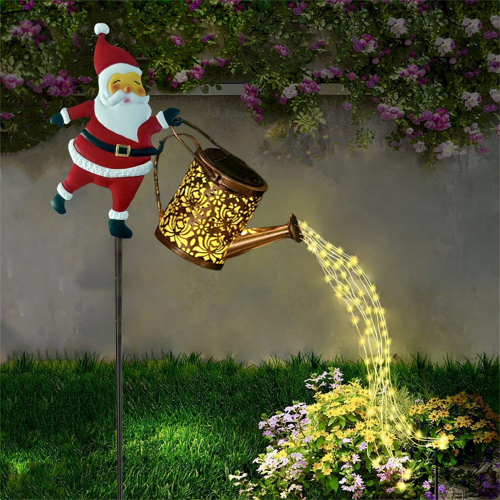 Christmas Lights Solar Santa Outdoor Watering Can Garden Decor