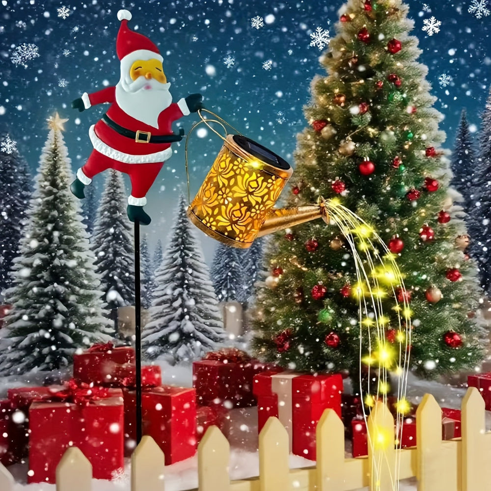 Christmas Lights Solar Santa Outdoor Watering Can Garden Decor