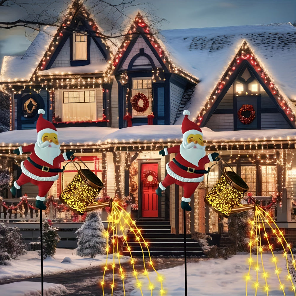 Christmas Lights Solar Santa Outdoor Watering Can Garden Decor