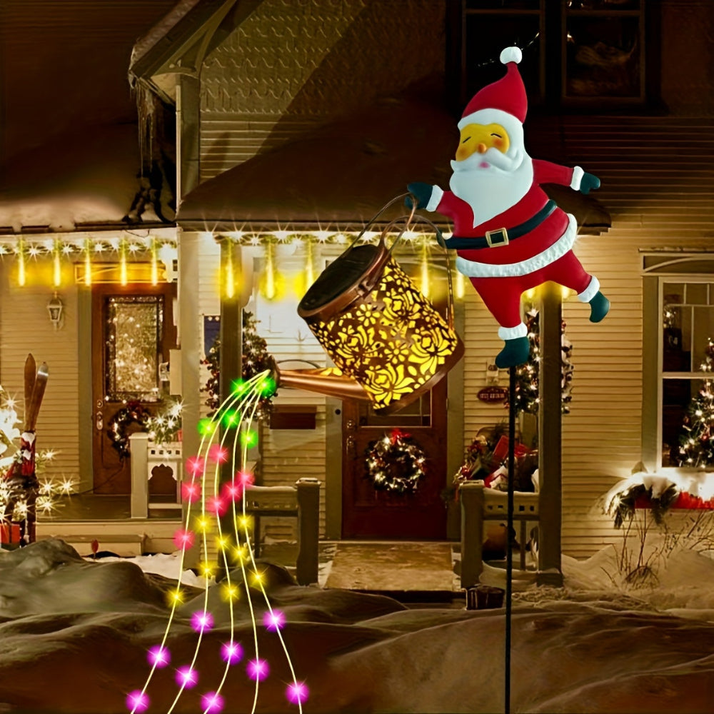 Christmas Lights Solar Santa Outdoor Watering Can Garden Decor