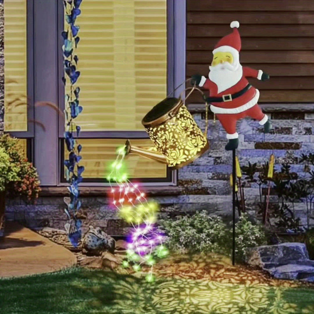 Christmas Lights Solar Santa Outdoor Watering Can Garden Decor