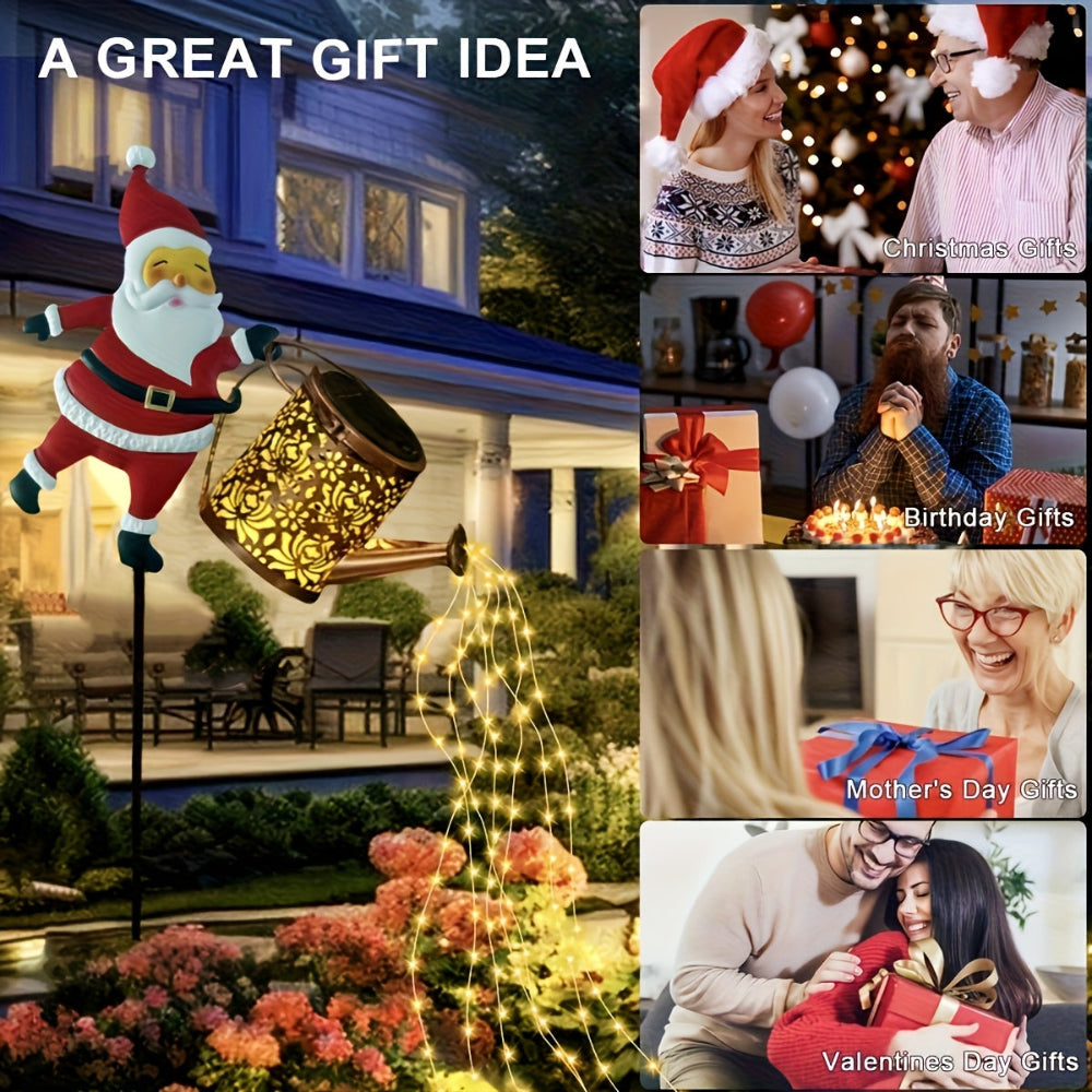 Christmas Lights Solar Santa Outdoor Watering Can Garden Decor