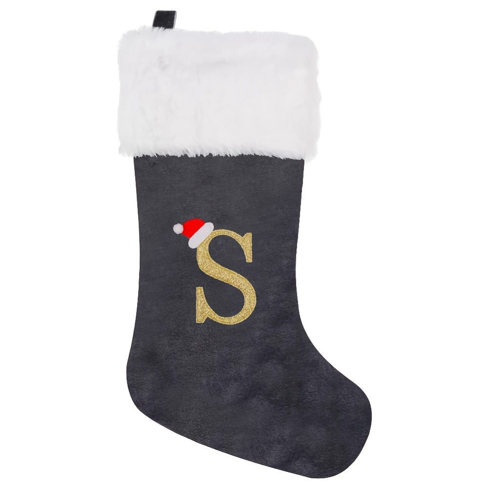 Christmas Stockings Velvet Monogram Letter Gray Holiday Decor