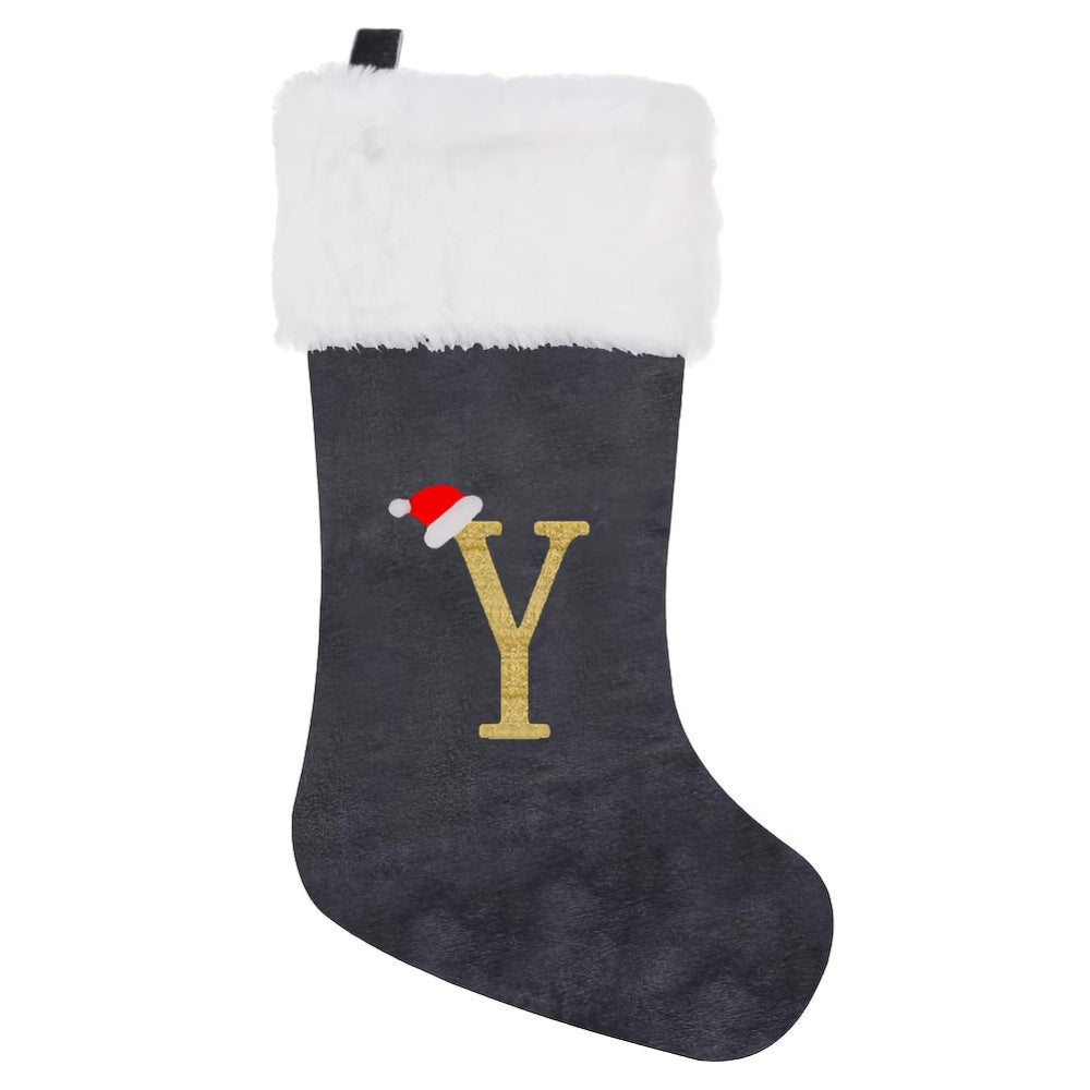 Christmas Stockings Velvet Monogram Letter Gray Holiday Decor
