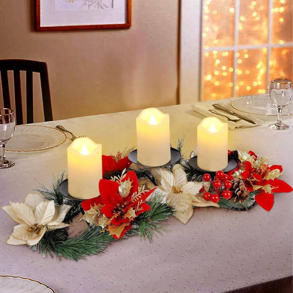 Christmas Table Decorations LED Candles Poinsettia Holiday Centerpiece