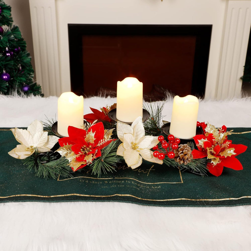 Christmas Table Decorations LED Candles Poinsettia Holiday Centerpiece