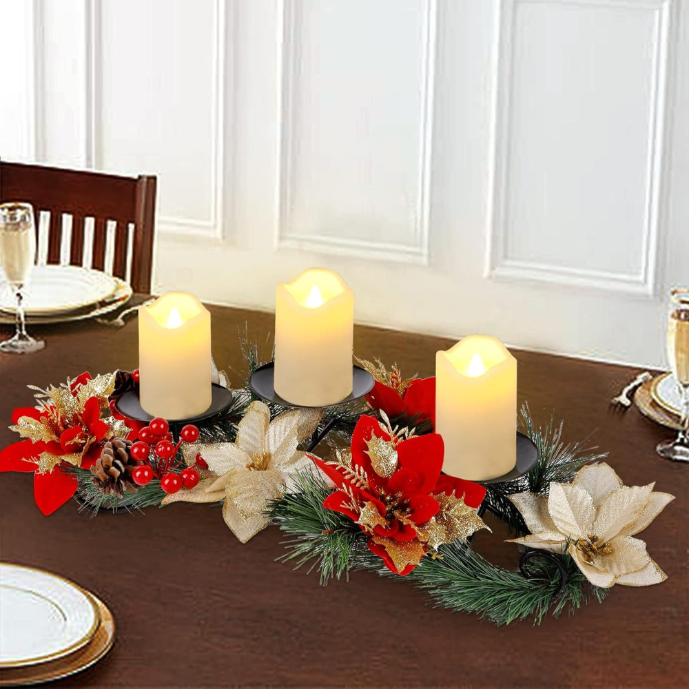 Christmas Table Decorations LED Candles Poinsettia Holiday Centerpiece