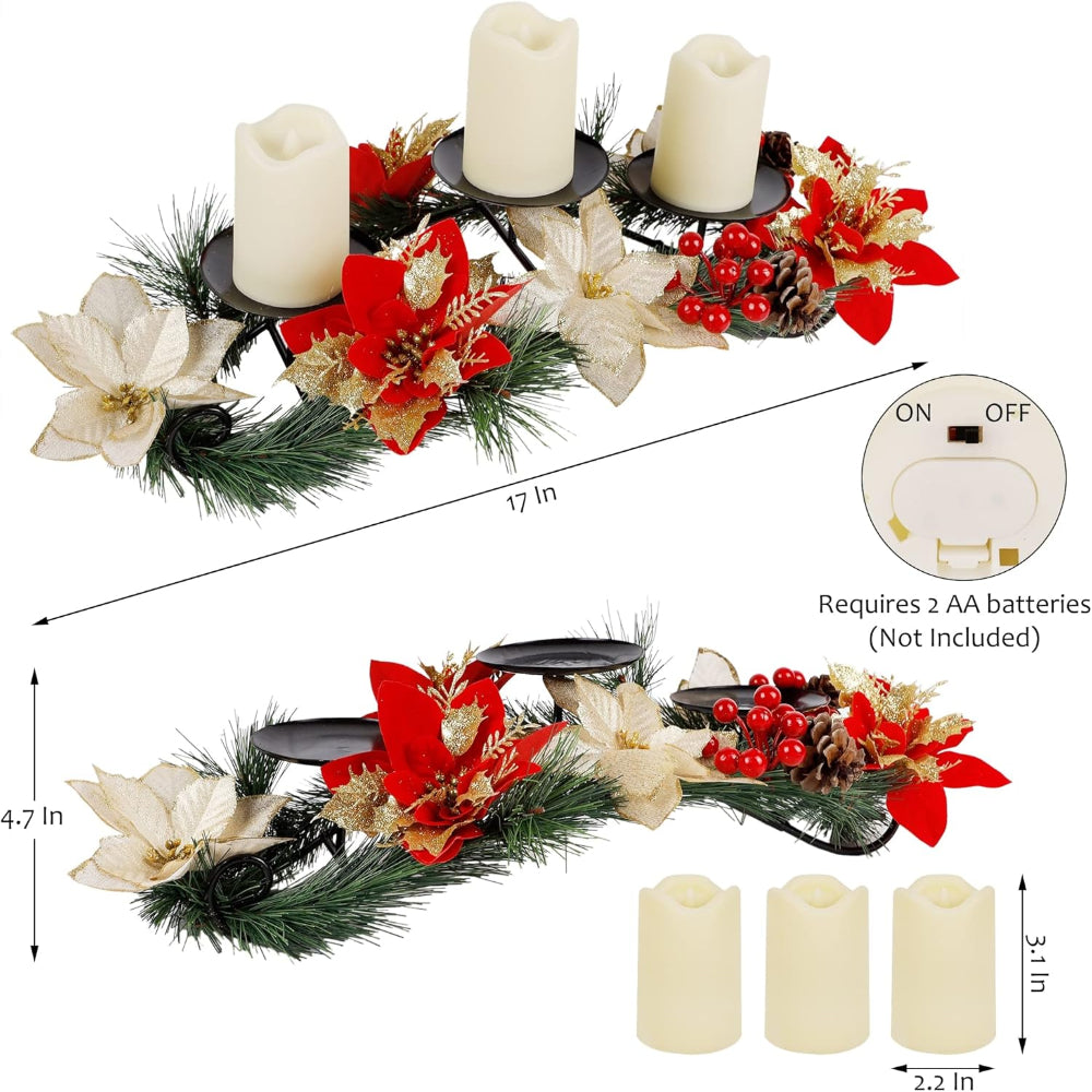 Christmas Table Decorations LED Candles Poinsettia Holiday Centerpiece