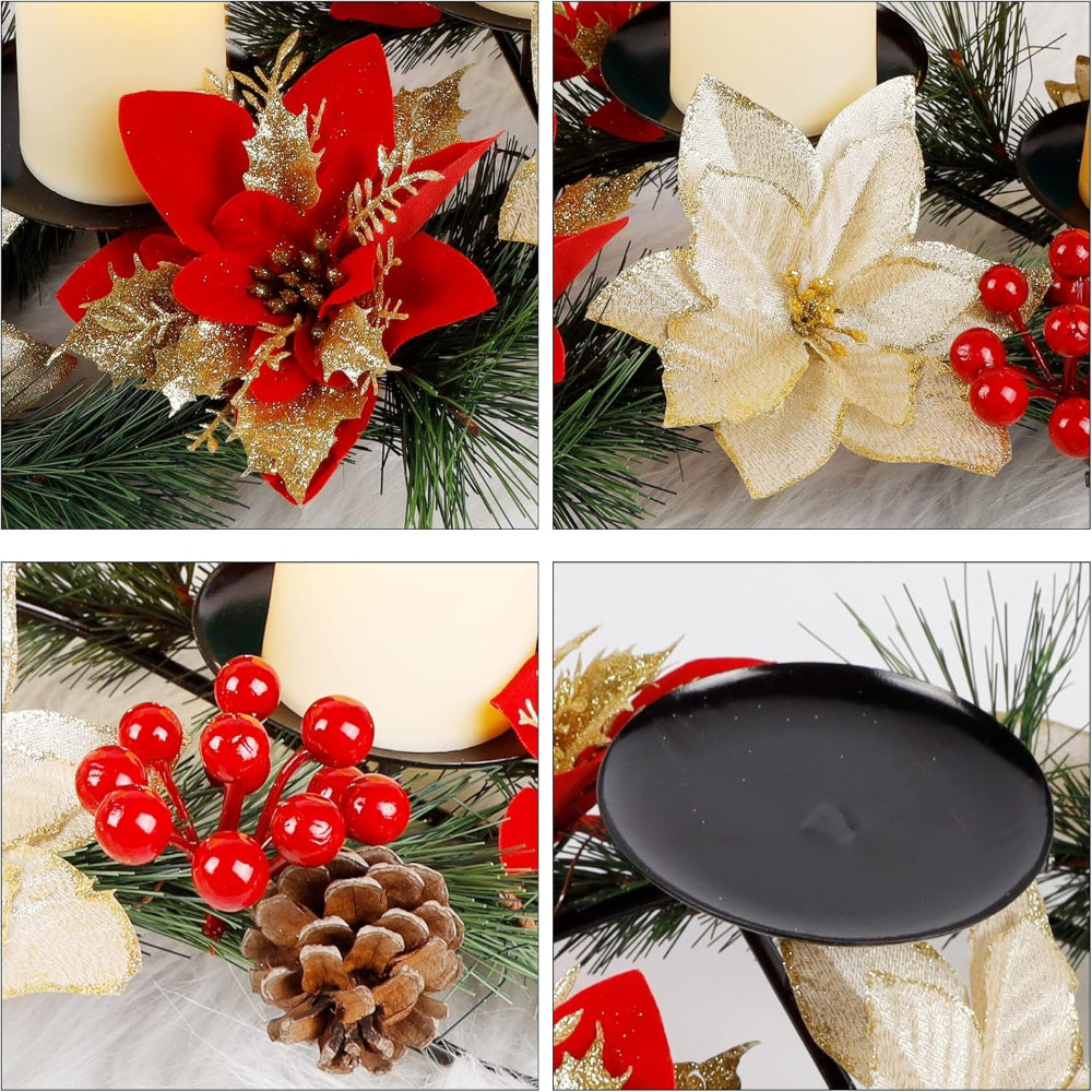 Christmas Table Decorations LED Candles Poinsettia Holiday Centerpiece