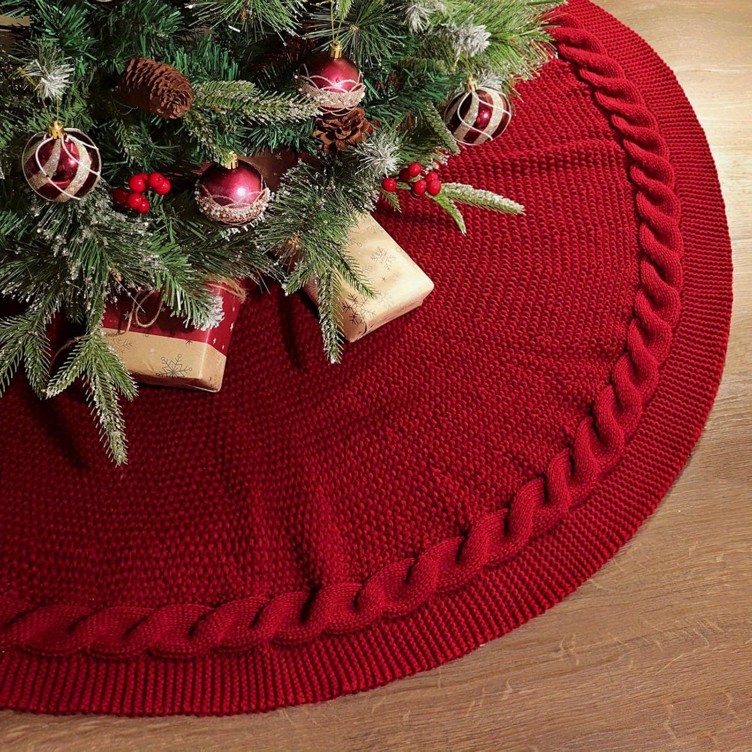 Christmas Tree Skirt Cable Knit Round Holiday Decoration