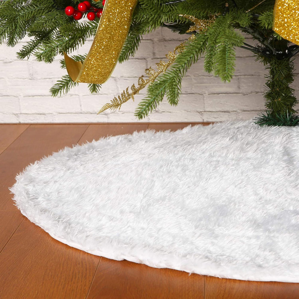 Christmas Tree Skirt Plush Faux Fur Round Base Cover Holiday Mat