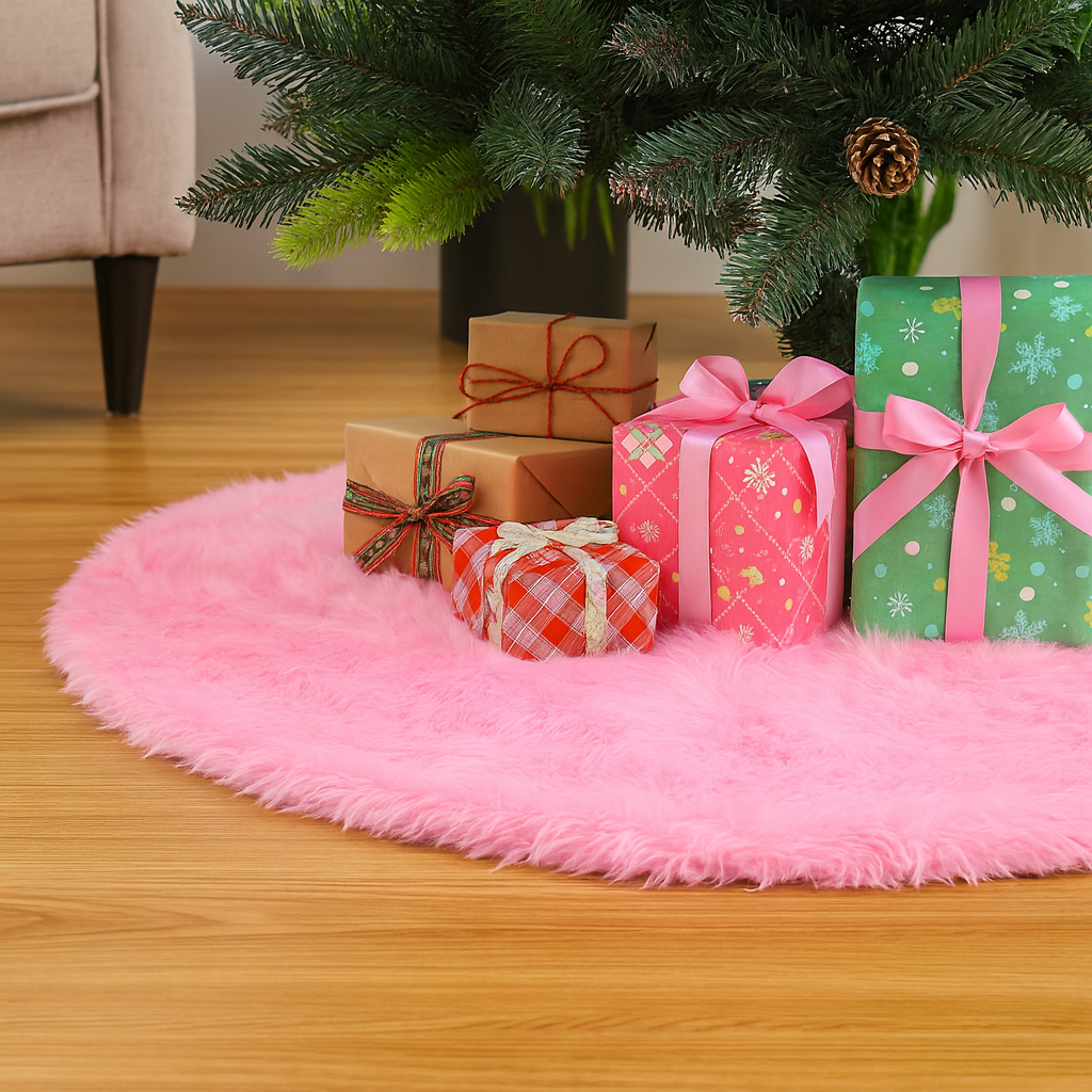 Christmas Tree Skirt Plush Faux Fur Round Base Cover Holiday Mat