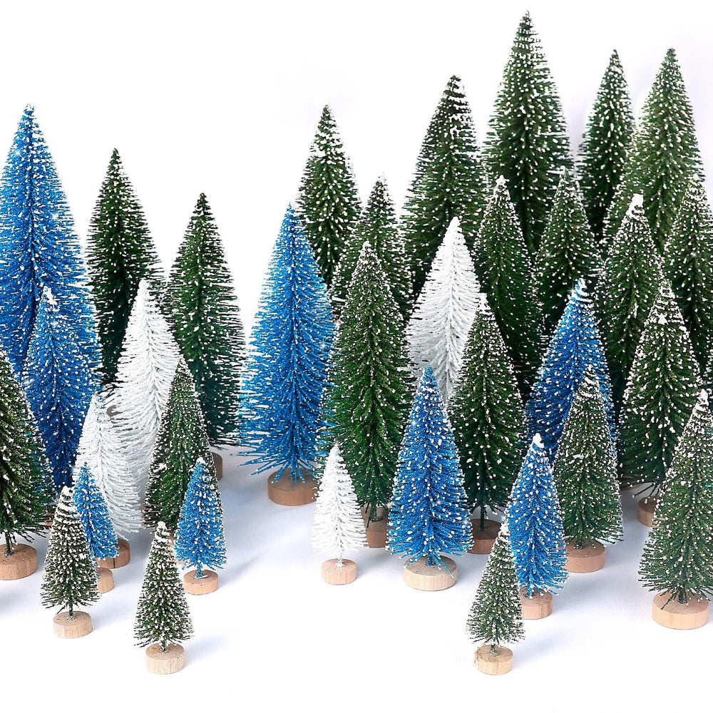 Mini Christmas Tree Snowy Bottle Brush Set Tabletop Holiday Scenes