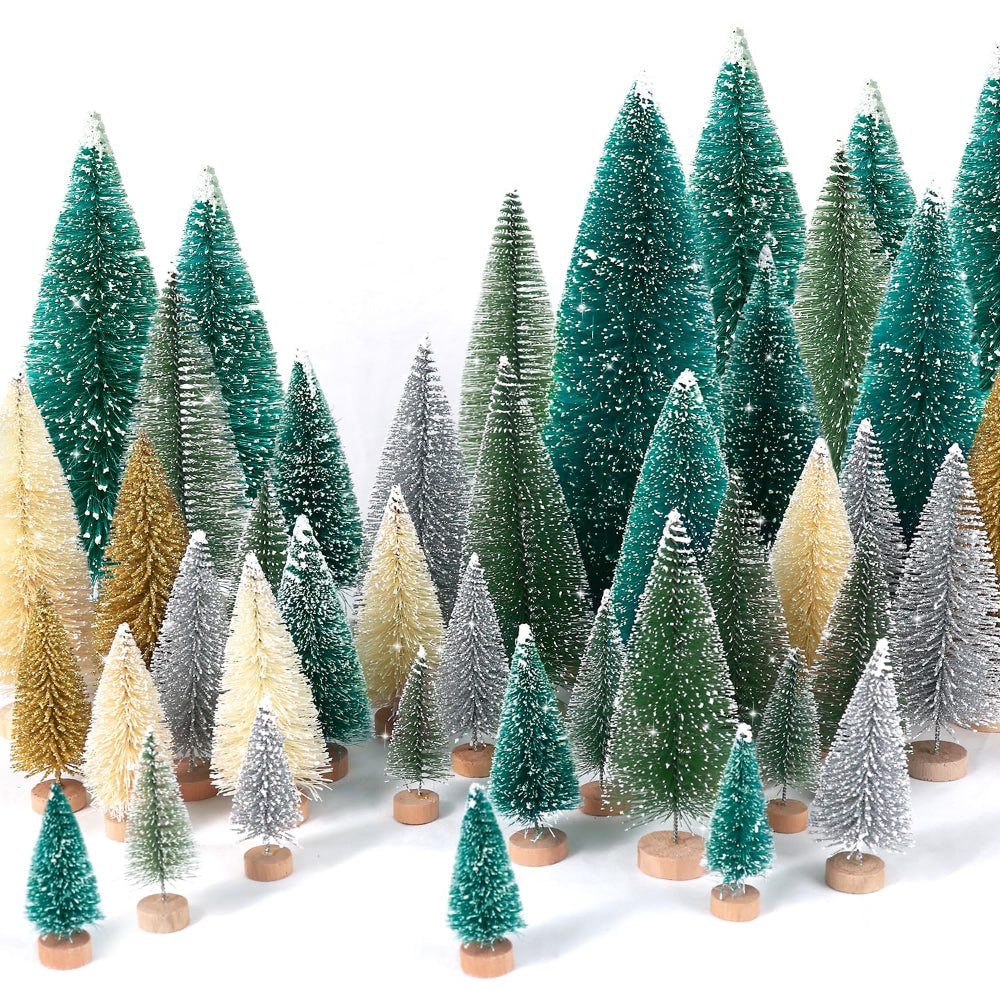 Mini Christmas Tree Snowy Bottle Brush Set Tabletop Holiday Scenes