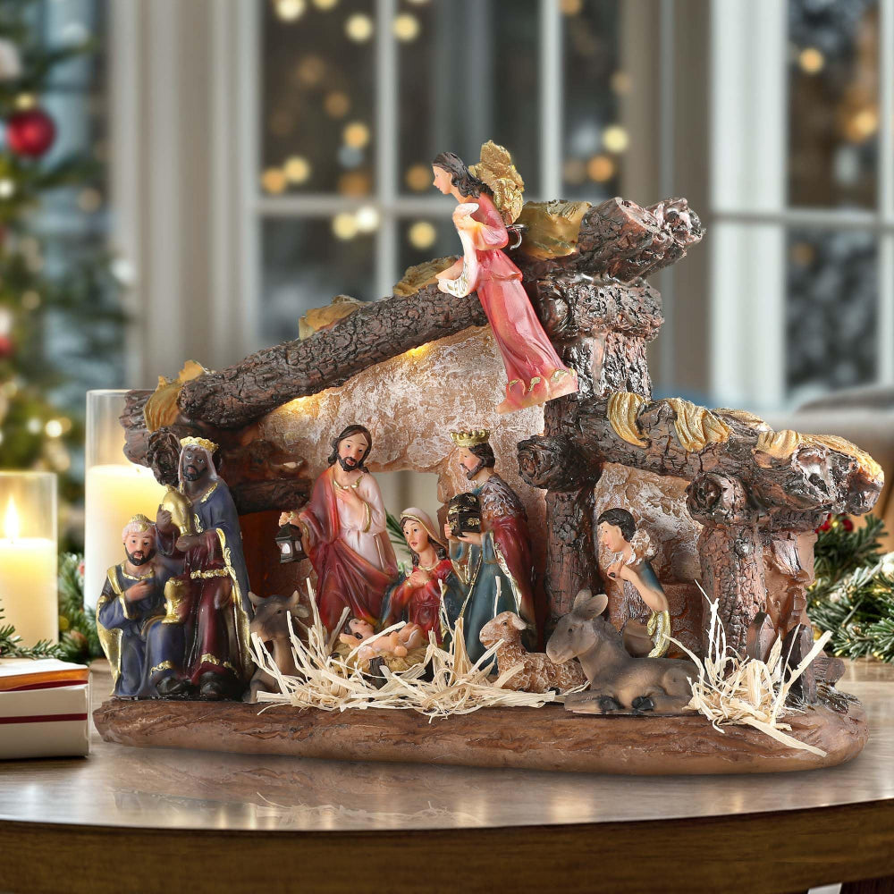 Nativity Scene Rustic Lighted Tabletop Christmas Manger Set Display