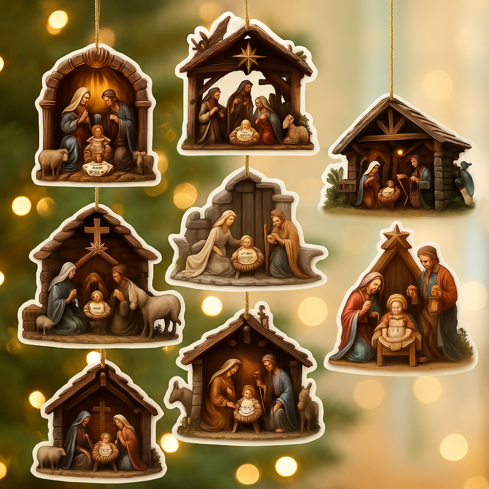 Nativity Scene Wooden Christmas Hanging Ornament Set