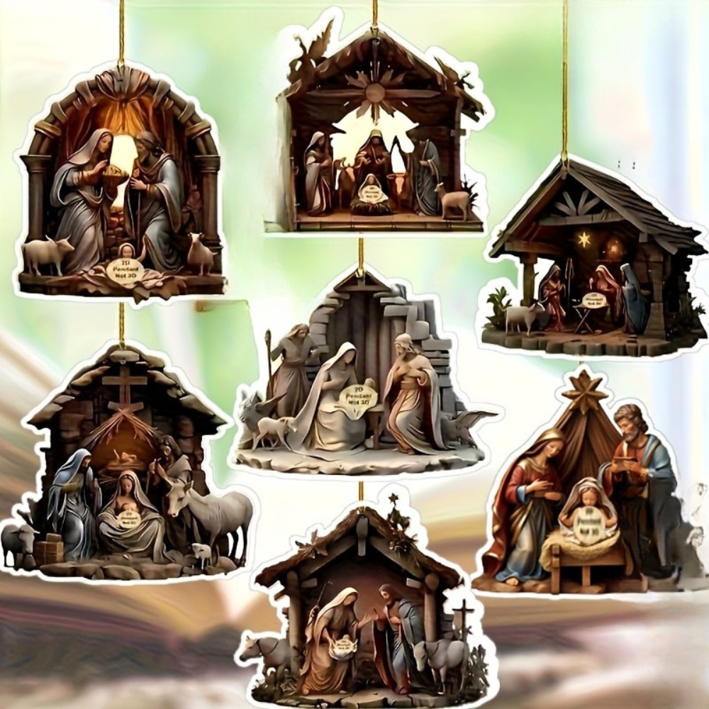 Nativity Scene Wooden Christmas Hanging Ornament Set