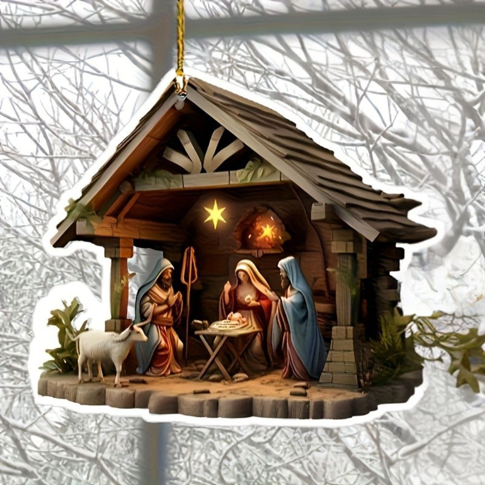 Nativity Scene Wooden Christmas Hanging Ornament Set