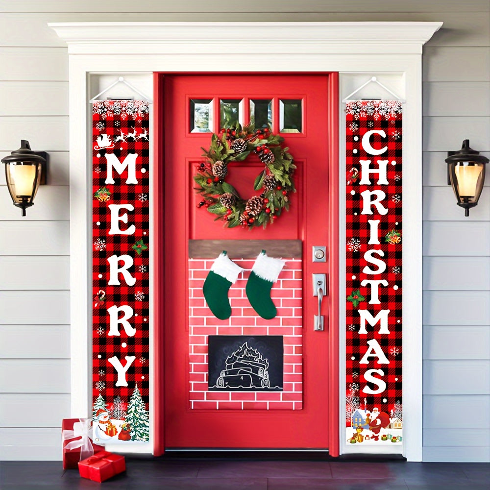 Outdoor Christmas Decorations Red Plaid Porch Door Banner