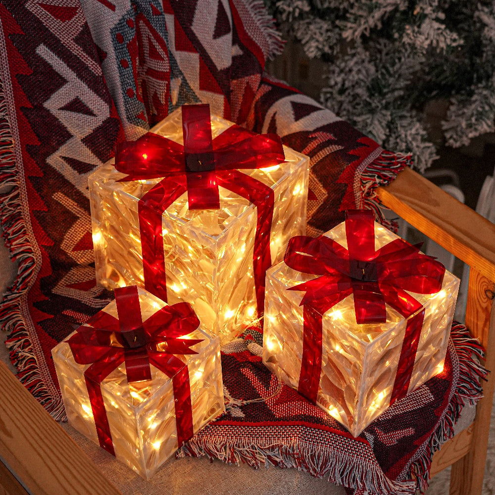 Outdoor Christmas Lights Gift Boxes Set Red Ribbon Decoration