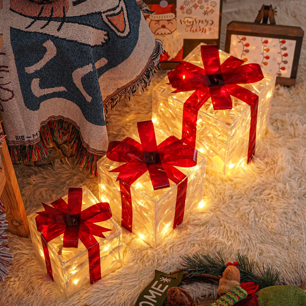 Outdoor Christmas Lights Gift Boxes Set Red Ribbon Decoration