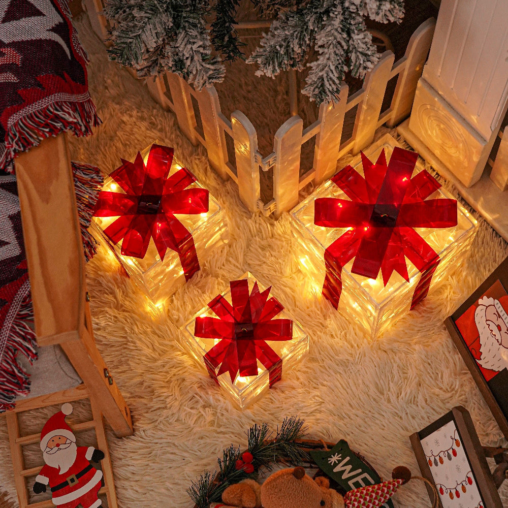 Outdoor Christmas Lights Gift Boxes Set Red Ribbon Decoration