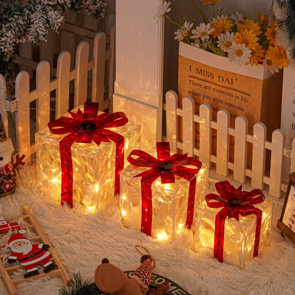 Outdoor Christmas Lights Gift Boxes Set Red Ribbon Decoration