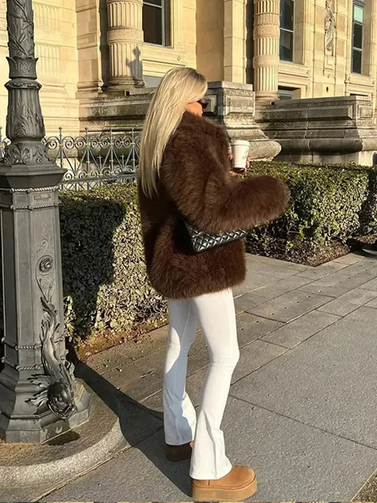 Ferryhill Brown Faux Fur Long Jacket - Luxurious Warmth & Style