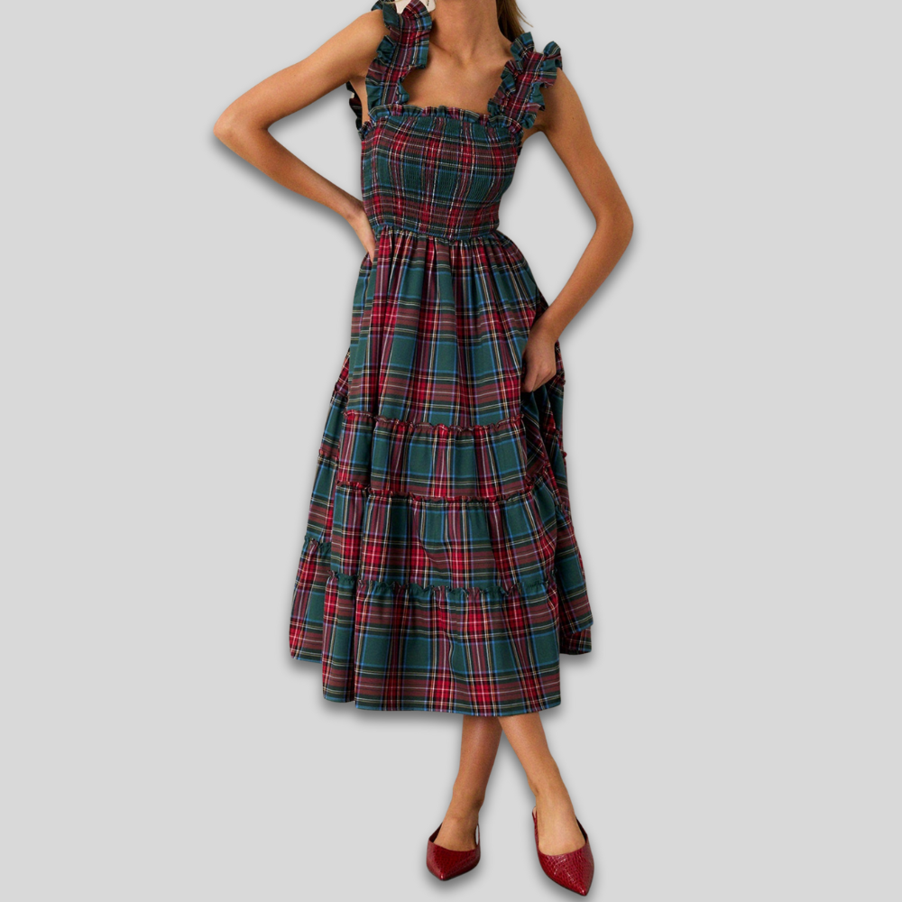 Women's Vintage Plaid Ruffle Dress - Smocked Tiered Maxi