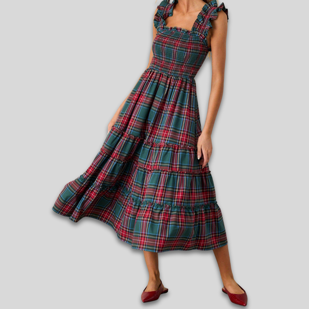 Women's Vintage Plaid Ruffle Dress - Smocked Tiered Maxi