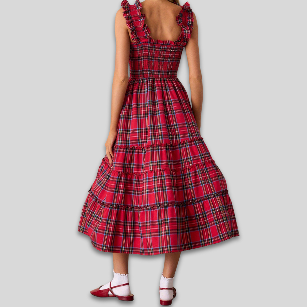 Women's Vintage Plaid Ruffle Dress - Smocked Tiered Maxi