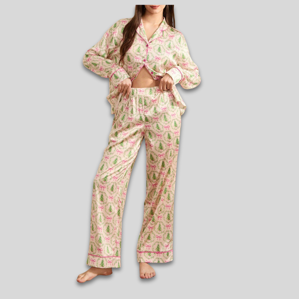 Women’s Satin Christmas Loungewear Set - Long Sleeve Pajamas