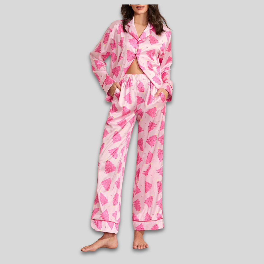 Women’s Satin Christmas Loungewear Set - Long Sleeve Pajamas