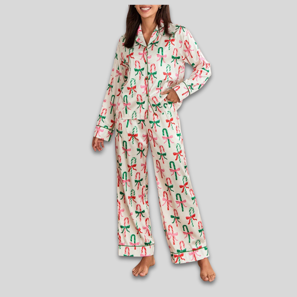 Women’s Satin Christmas Loungewear Set - Long Sleeve Pajamas