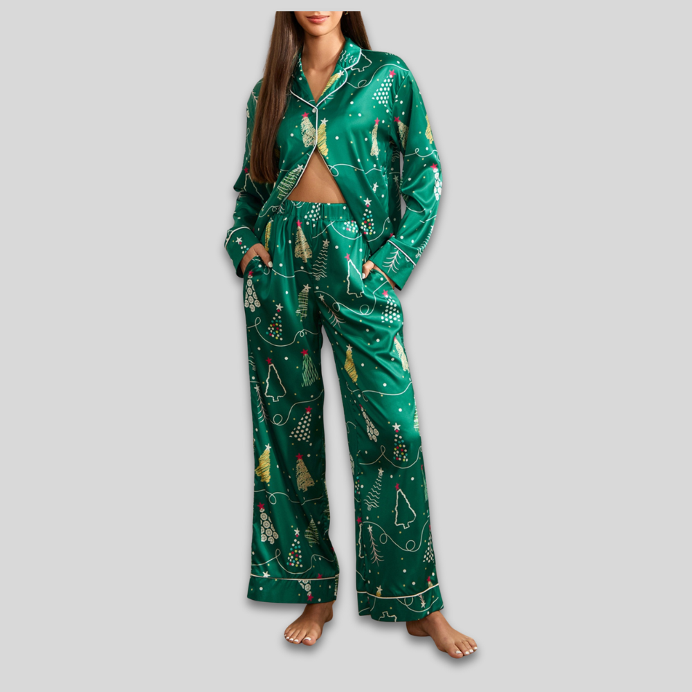 Women’s Satin Christmas Loungewear Set - Long Sleeve Pajamas