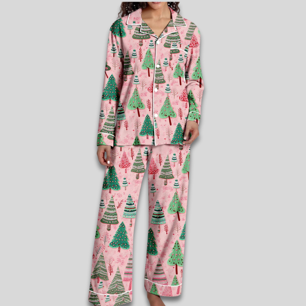 Women Cozy Soft Pajama Set - Christmas Button Down Two Piece