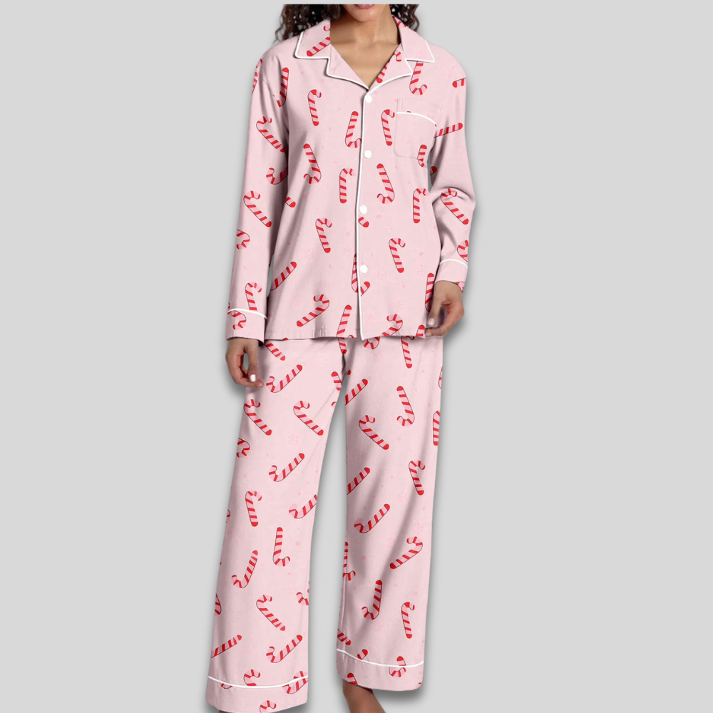 Women Cozy Soft Pajama Set - Christmas Button Down Two Piece