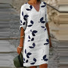 Ladies leaves print dress with v-neck | Casual loose midi dress with 3/4 sleeves