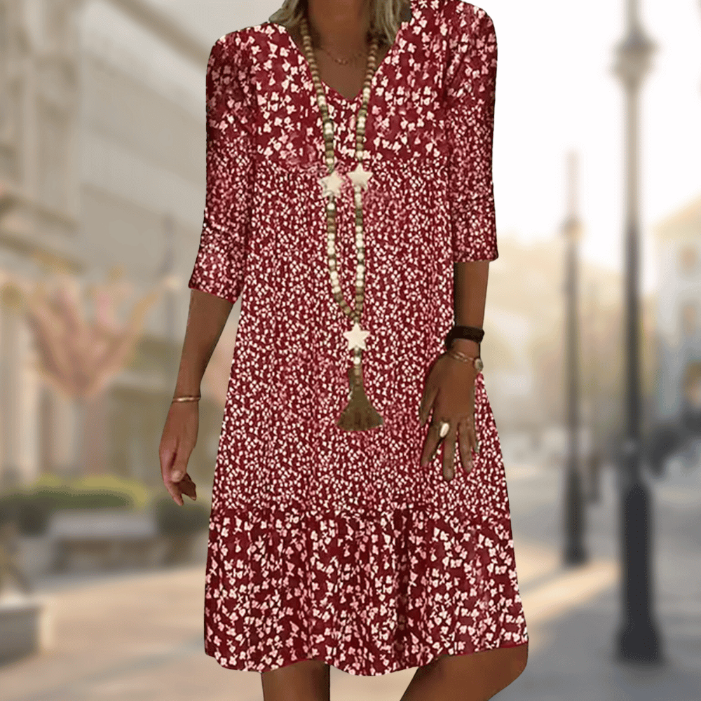 Ladies flower print boho midi dress | Casual V-neck summer dress with 3/4 sleeves