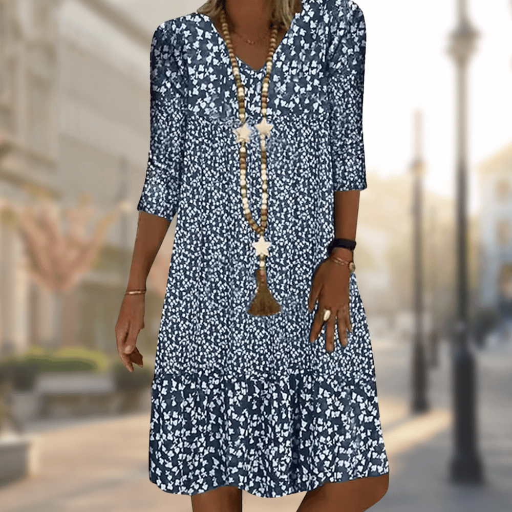 Ladies flower print boho midi dress | Casual V-neck summer dress with 3/4 sleeves