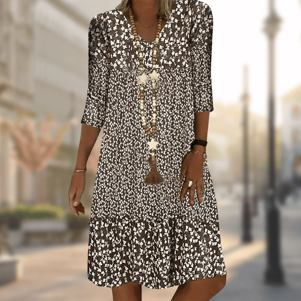 Ladies flower print boho midi dress | Casual V-neck summer dress with 3/4 sleeves