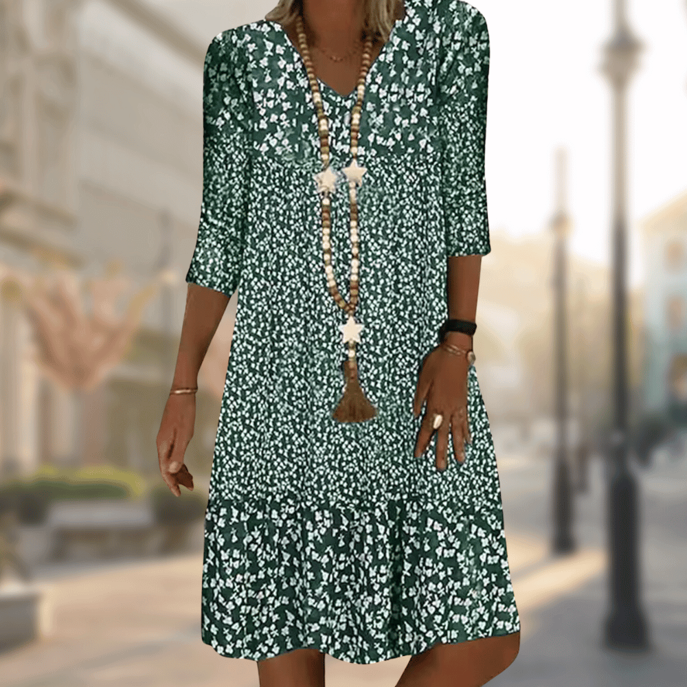 Ladies flower print boho midi dress | Casual V-neck summer dress with 3/4 sleeves