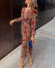 Ladies boho v-neck maxi dress | Long sleeves floral print wrap dress for evening