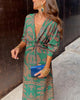 Ladies boho v-neck maxi dress | Long sleeves floral print wrap dress for evening