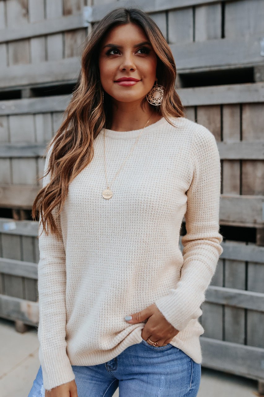 Ladies casual waffle knitted sweater | Soft and comfortable long sleeve pullover for autumn