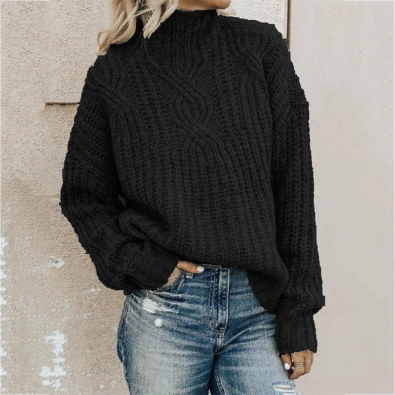 Ladies turtleneck cable knitted sweater | Oversized long sleeves pullover